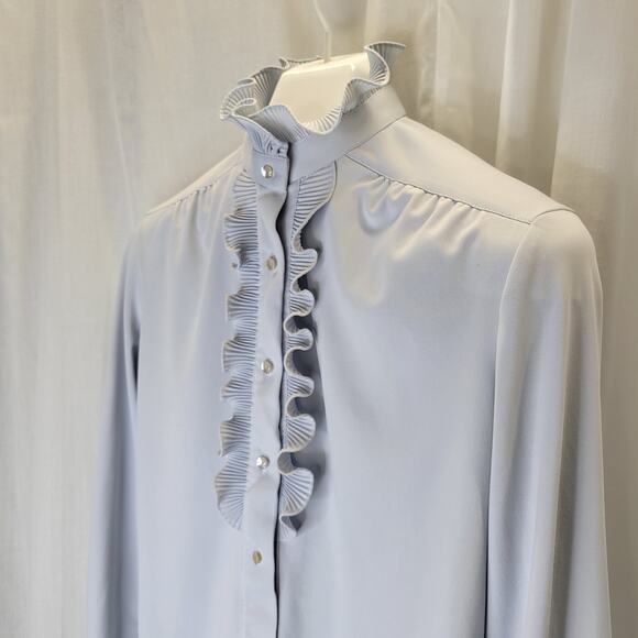Contemporary Classics Vintage Blue Gray Ruffle Blouse Stand-up Collar, S - Picture 9 of 14